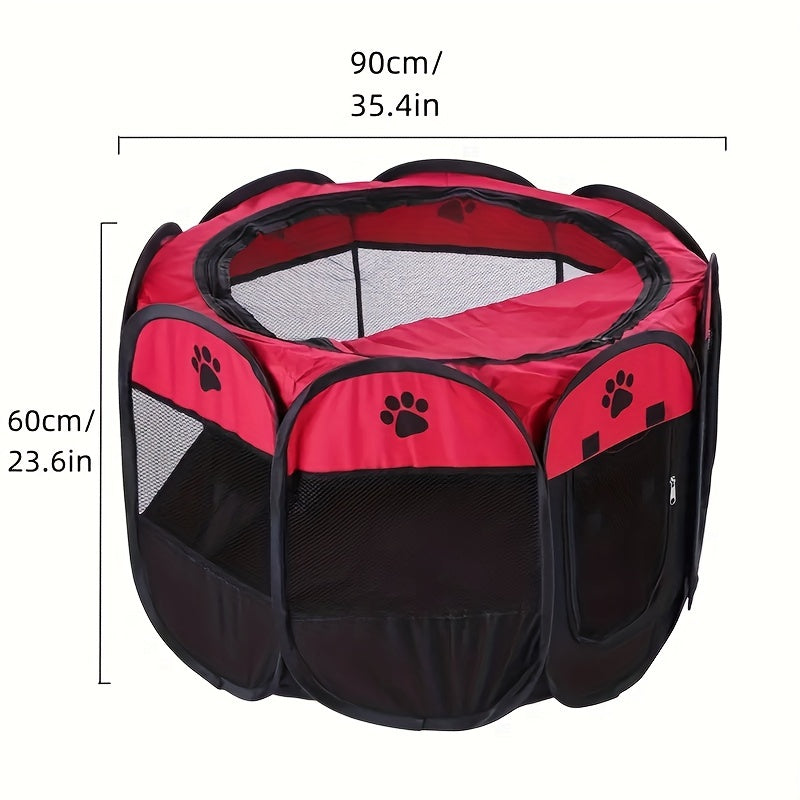 Portable foldable pet playpen with carrying case, collapsible travel bowl, water resistant shade cover for indoor/outdoor use.