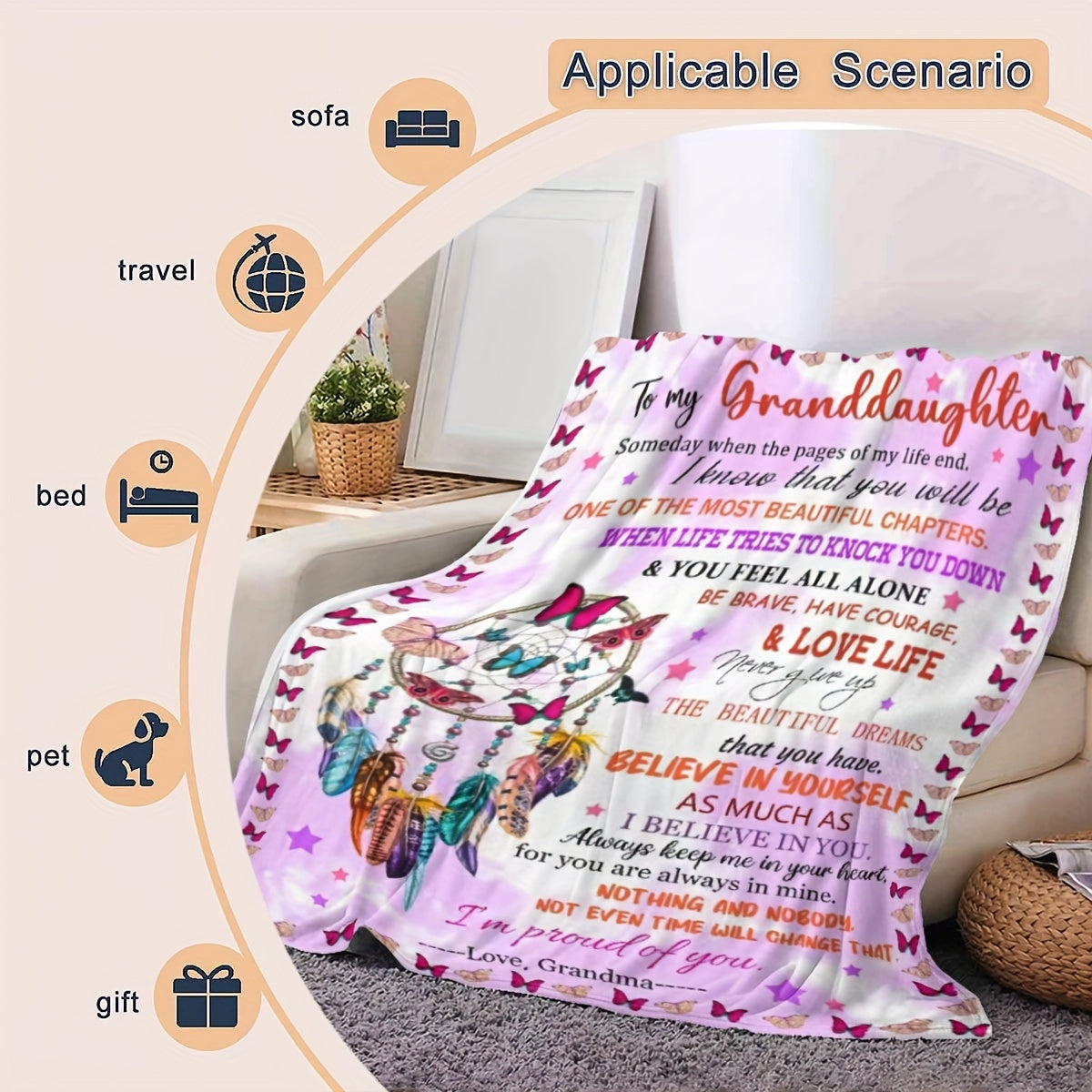 This lightweight flannel throw blanket is the perfect gift for your granddaughter. Made from soft fleece polyester knit, it features a contemporary style with a digital print. Cozy and versatile, it's great for bed, sofa, or chair. Weighing 200-250g per