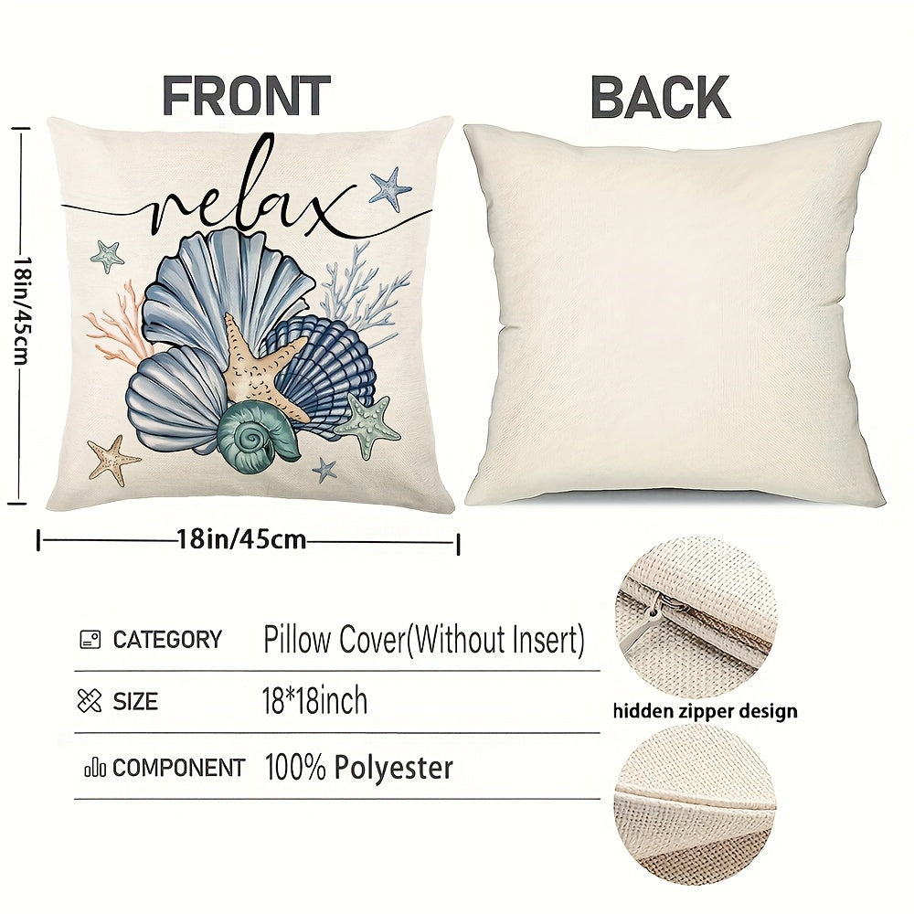 Summer starfish and shell throw pillow covers in a contemporary style, measuring 45.72x45.72 cm. Perfect for nautical ocean beach holiday theme decor, suitable for home, porch, patio, couch, sofa, and outdoor use. Made of durable polyester, pillow