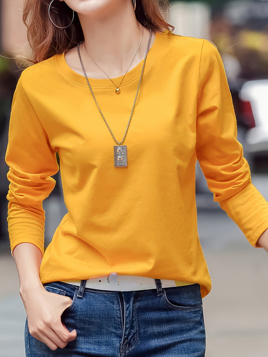 Women's Casual T-Shirt, crew neck, long sleeve, solid color, loose fit, knit fabric, pullover style for Spring/Fall.