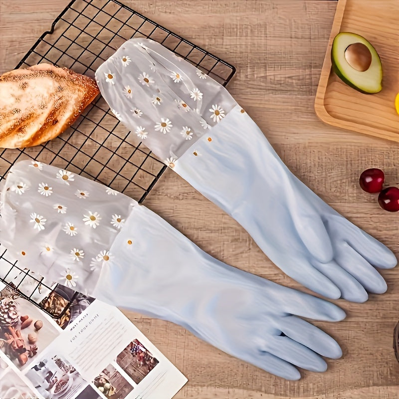 Get your hands on a pair of stylish long-sleeve kitchen gloves that are waterproof, durable, and made from lead-free PVC material. These versatile gloves are ideal for all your home cleaning needs, whether in the bedroom, bathroom, toilet, or living