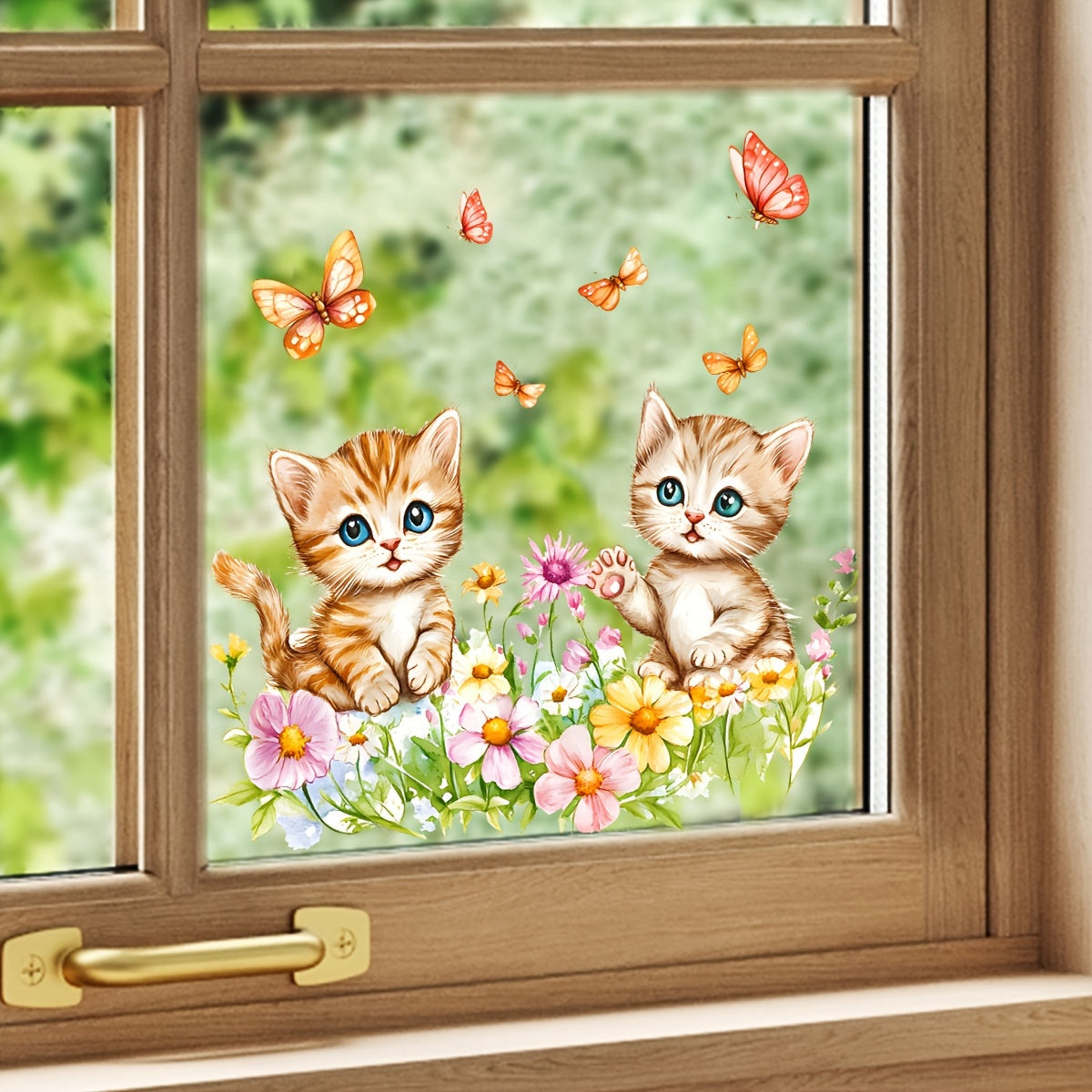 Glass stickers featuring a pair of cats catching butterflies and flowers, designed to prevent collisions. These self-adhesive stickers are simple to apply and can be used on bathroom, bedroom, living room, door, and window glass surfaces for home