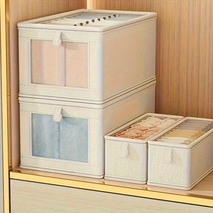 Rectangle fabric storage box with clear window, flip top closure and foldable lid for home organization.