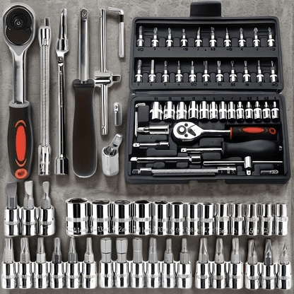 46pc Auto Repair Tool Kit made of carbon steel ratchet wrenches in a durable metal toolbox. Ideal for mechanics and DIY hobbyists.