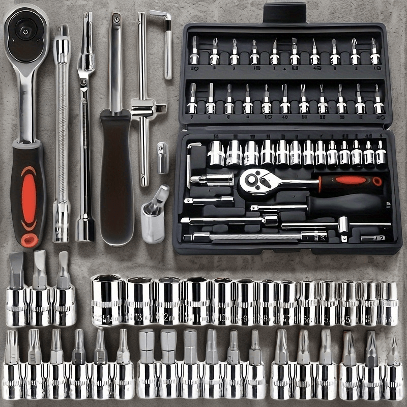 46-piece auto repair tool set with carbon steel ratchet wrench sockets in a durable metal tool box, ideal for mechanics and DIY enthusiasts.