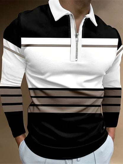 Men's long-sleeve striped print casual polo shirt with zipper and fashionable collar.