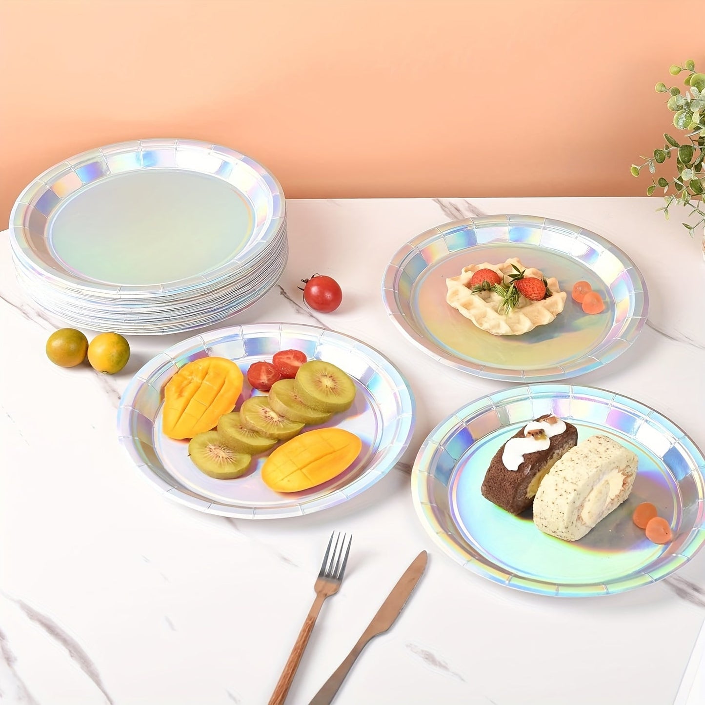 Set of 10/30 Rainbow Holographic Disposable Plates - 17.78cm Round Paper Plates for Desserts & Parties - Ideal for Birthdays, Weddings, and Themed Events - Water and Oil Proof