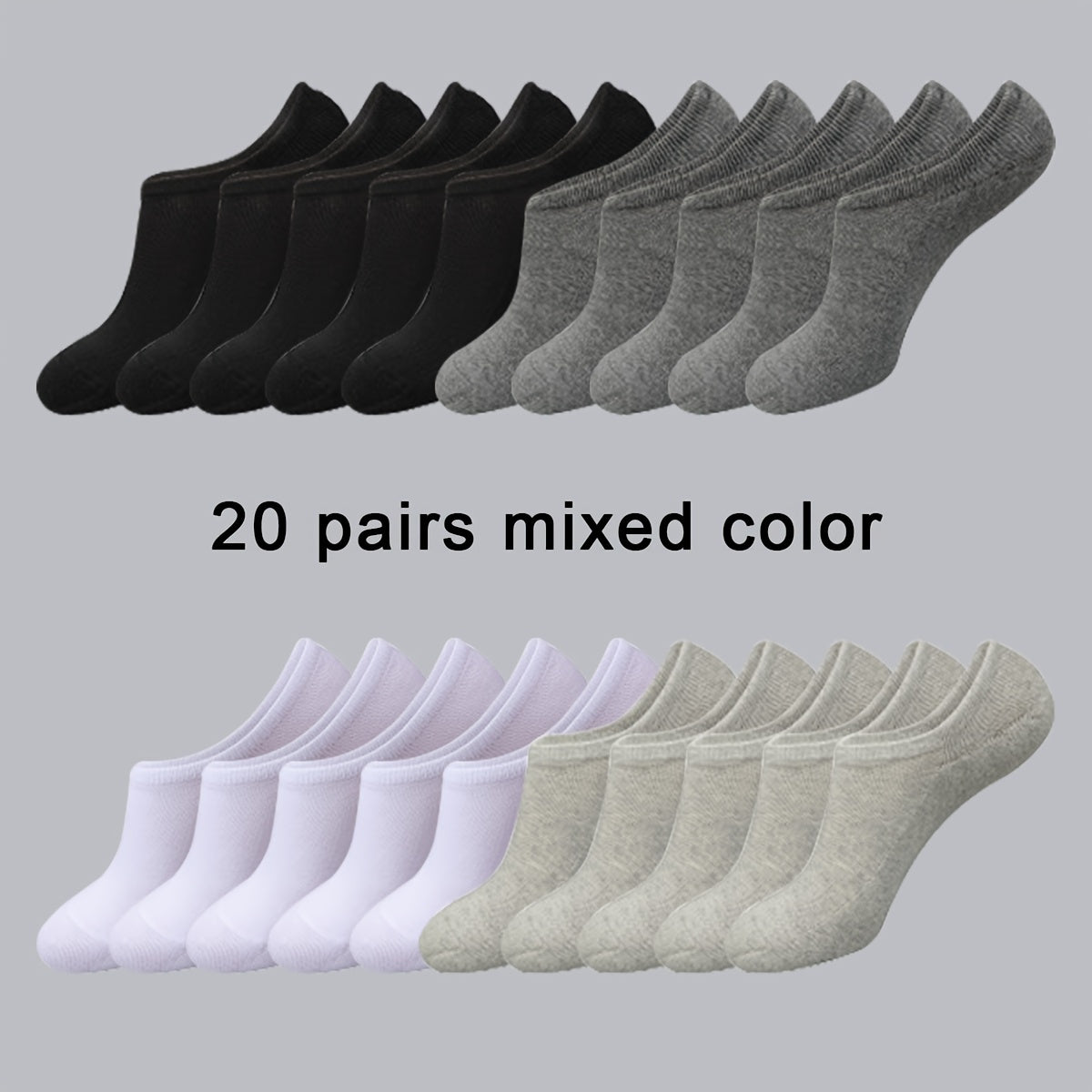 20 pairs of men's solid no-show socks, anti-odor, sweat-absorbing, breathable, and thin for all seasons.