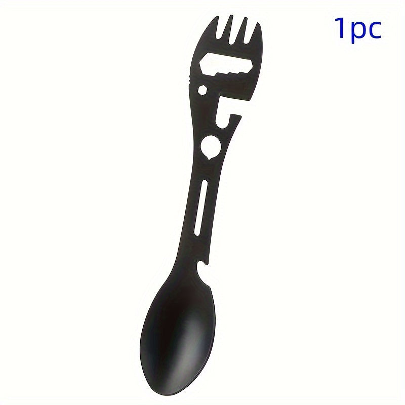 Portable stainless steel utensil with 10 functions for outdoor activities.