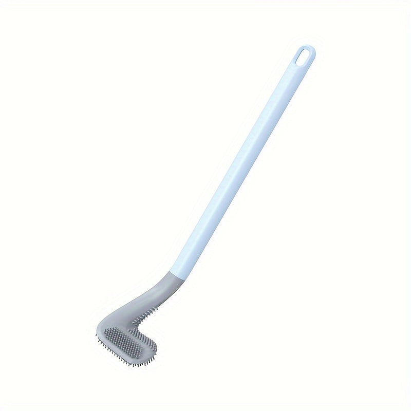 Rotating silicone toilet brush with long handle, wall mount design. Medium firmness, portable and does not require electricity.