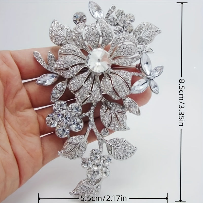 Elegant Floral Brooch Pin for Women - Beautiful Alloy Silvery-Tone with Rhinestone Accents, Fashion Accessory