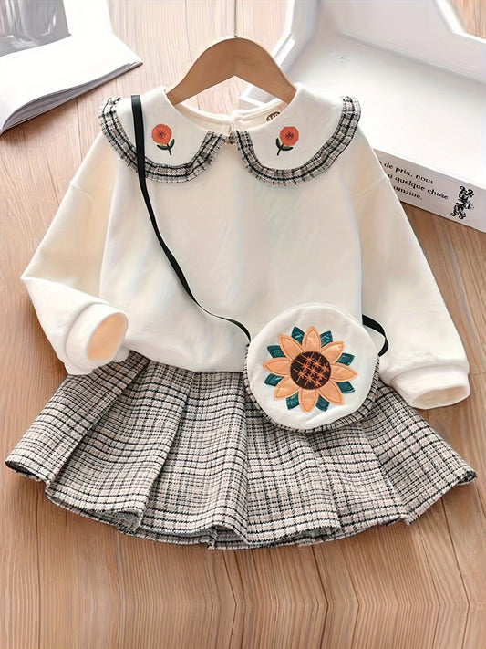 Girls' Cotton Skirt Set with Embroidered Top & Plaid Skirt - Casual, Easy-Care, Non-Transparent