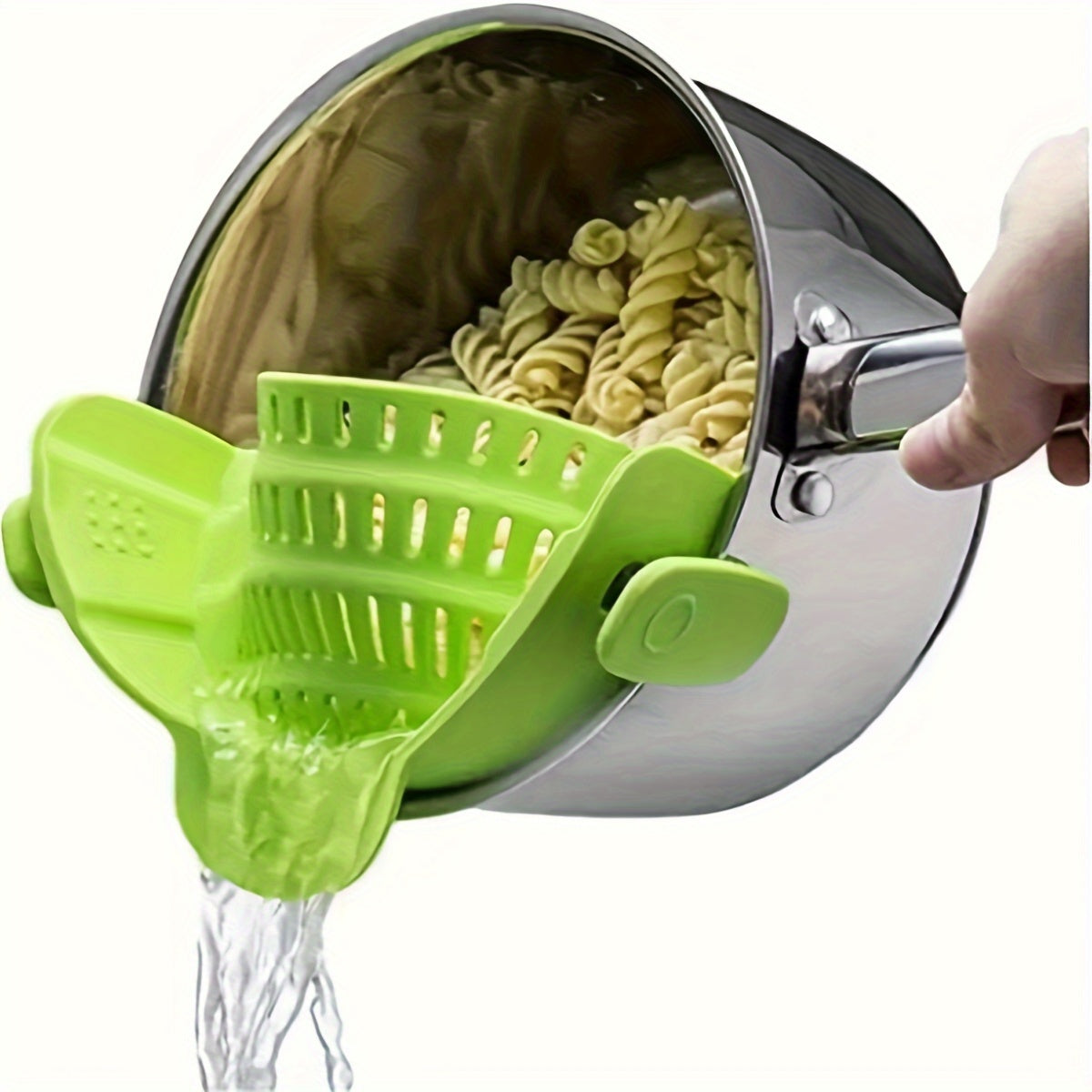 Adjustable clip-on strainer for pots and pans, made of plastic. Perfect for straining pasta, meat, vegetables, and fruit. An essential kitchen colander accessory.