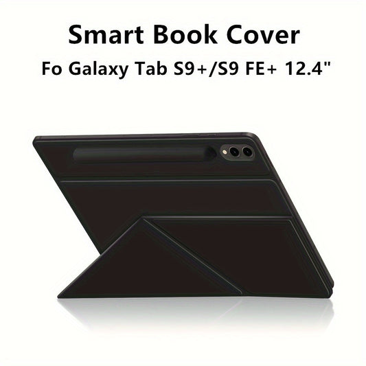 Samsung Galaxy Tab S9+/S9 FE+ Smart Book Cover with magnetic closure, pen slot, horizontal and vertical support, and faux leather PU material.