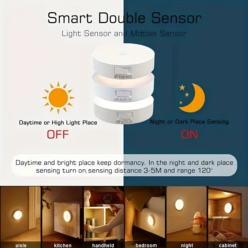 AMill 6-Pack USB Rechargeable LED Motion Sensor Lights for indoor use, with magnetic stick-on feature and infrared detection. Suitable for staircases, closets, bedrooms, and offices.