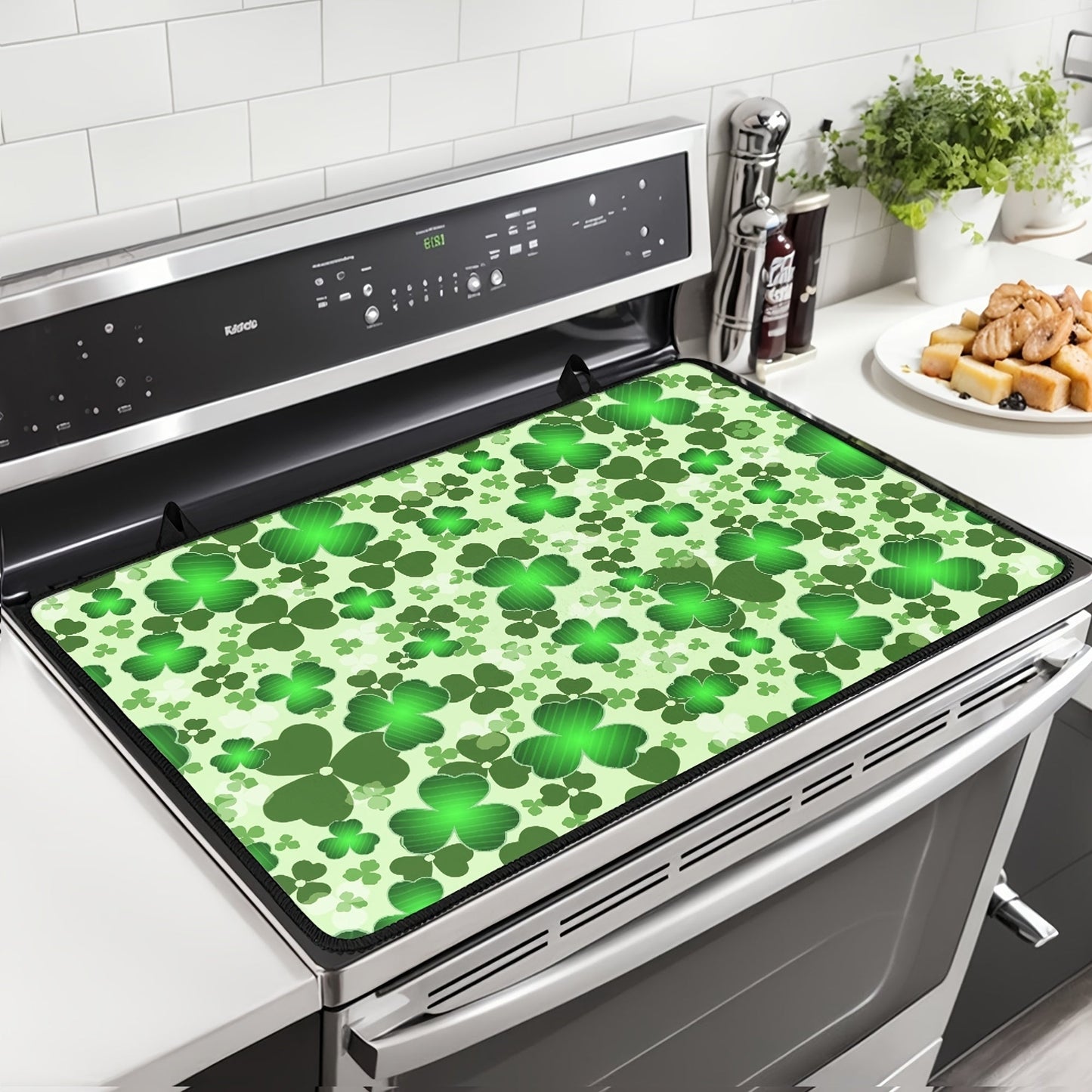 Heat-resistant non-slip stove cover featuring a St. Patrick's Day clover and green hat design. This glass ceramic protector includes a rubber guard and scratch-proof coffee mat, perfect for protecting your kitchen countertop space. It can also be used as