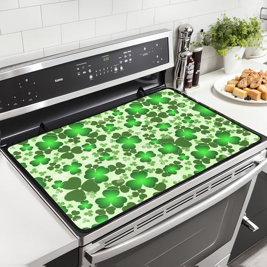 Heat-resistant non-slip stove cover featuring a St. Patrick's Day clover and green hat design. This glass ceramic protector includes a rubber guard and scratch-proof coffee mat, perfect for protecting your kitchen countertop space. It can also be used as