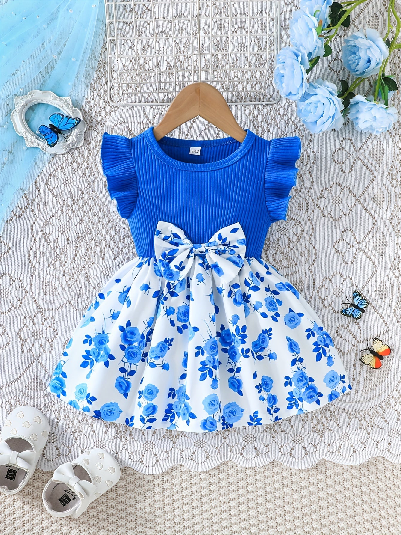 Baby girl's elegant summer dress set with romantic rose design and bow detail