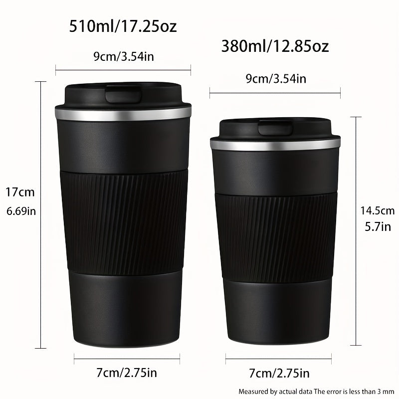 Stainless steel travel mug, available in 12.85oz or 17.25oz sizes. Features vacuum insulation for keeping drinks hot or cold, spill-proof leakproof lid, and double-walled design. Perfect for coffee, tea, or beer on-the-go. Reusable and durable.