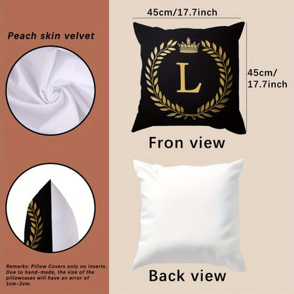 Stylish English letter print pillow cover made of soft peach skin velvet. Features zip closure and machine washable. Measures 45.72x45.72 cm, ideal for home and office decor.