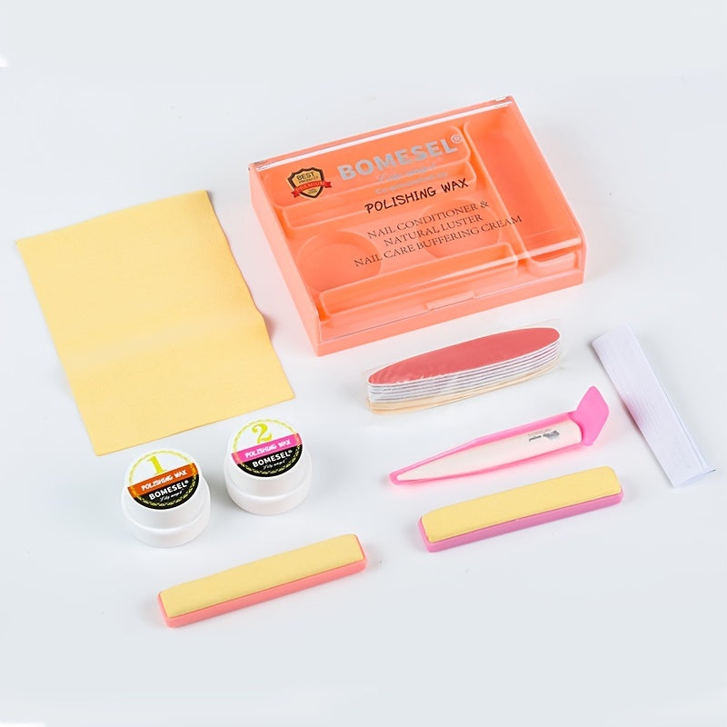 Set includes manicure tools for polishing nails.