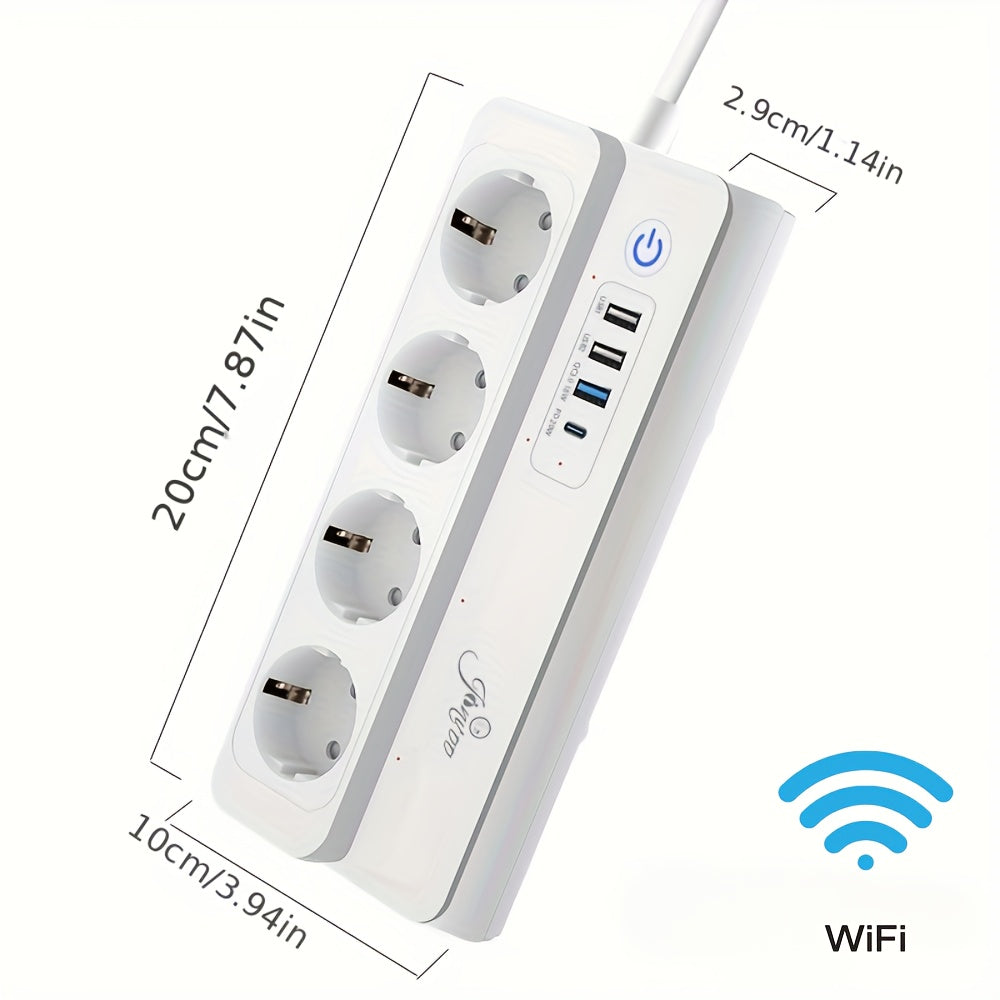 WiFi power strip with fast charging, voice control compatible with Alexa and Google Home, remote app control.