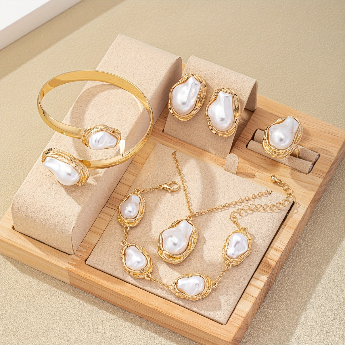 Exquisite Jewelry Set: 14K Gold Plated Alloy with Faux Pearls - Necklace, Earrings, Ring, and Bangle for Women - Perfect for Everyday and Formal Events