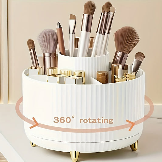 360 degree rotating makeup organizer made from high-gloss ABS plastic. Ideal for bedroom, vanity, or bathroom storage with its minimalist design.