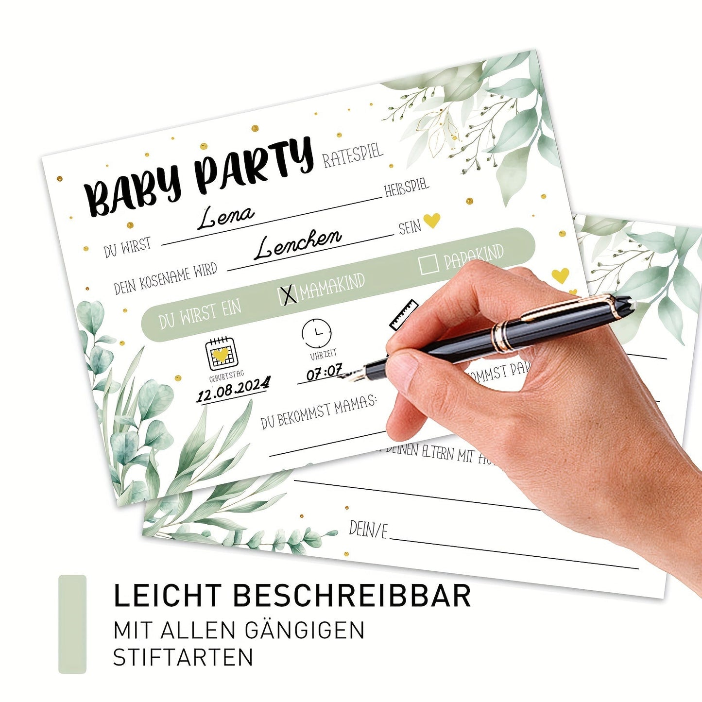 25 Double-sided Cards for Kids' Party Games - Featuring Eucalyptus Golden Decoration Design in German - Enhance Your Youngsters' Party with Fun and Creativity