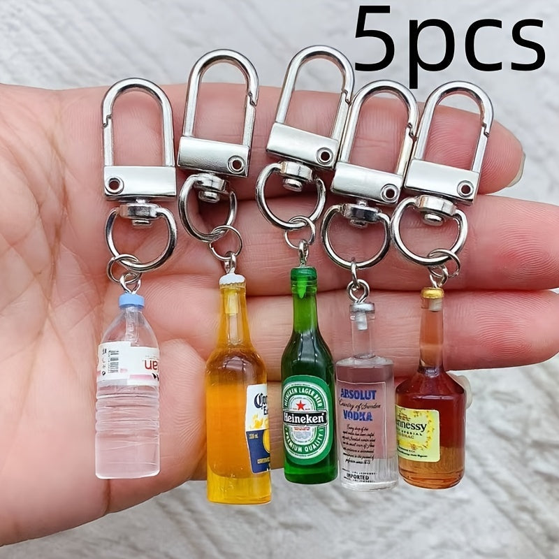 Set of 5 Miniature Beverage Bottle Keychain Set, Made of Resin & Alloy, Ideal for Keys, Phones, Bags, Great for Parties and Unique Gifts