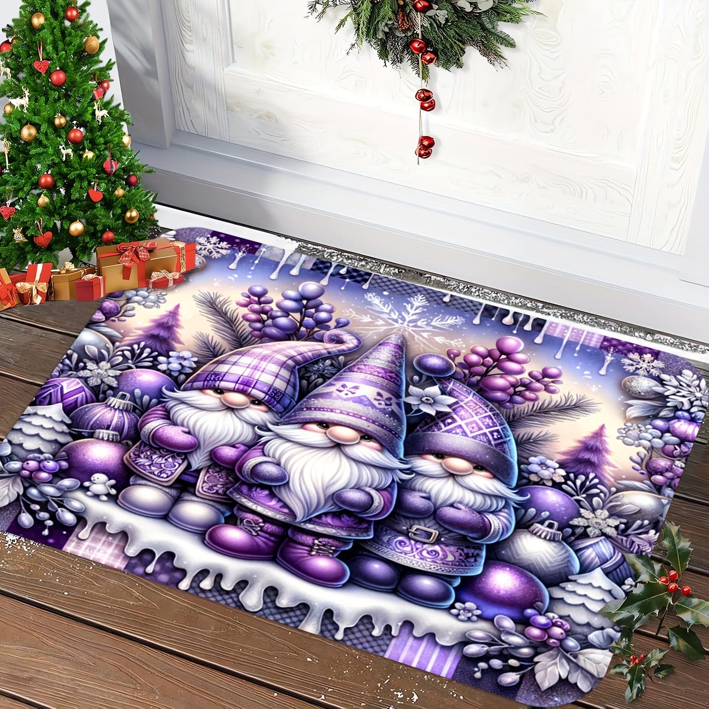 Christmas Gnome and Bell Tree Design Purple Welcome Mat - Non-Slip, Easy to Clean, Stain-Resistant, Machine Washable - Thick Flannel Anti-Slip Memory Foam Doormat (1pc, 1.19cm) - Perfect for Bathroom, Living Room, Bedroom, Kitchen, Office - Festive