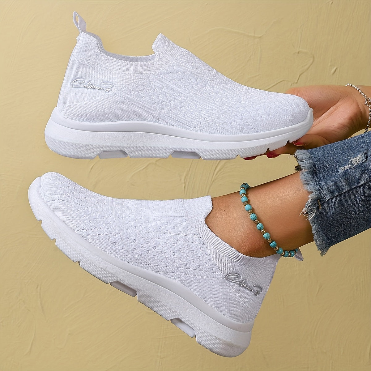 Women's Breathable Knit Slip-On Sneakers with Diamond Pattern Design, Lightweight and Soft Sole, Low-Top, All-Season Comfort, Cute Shoes.