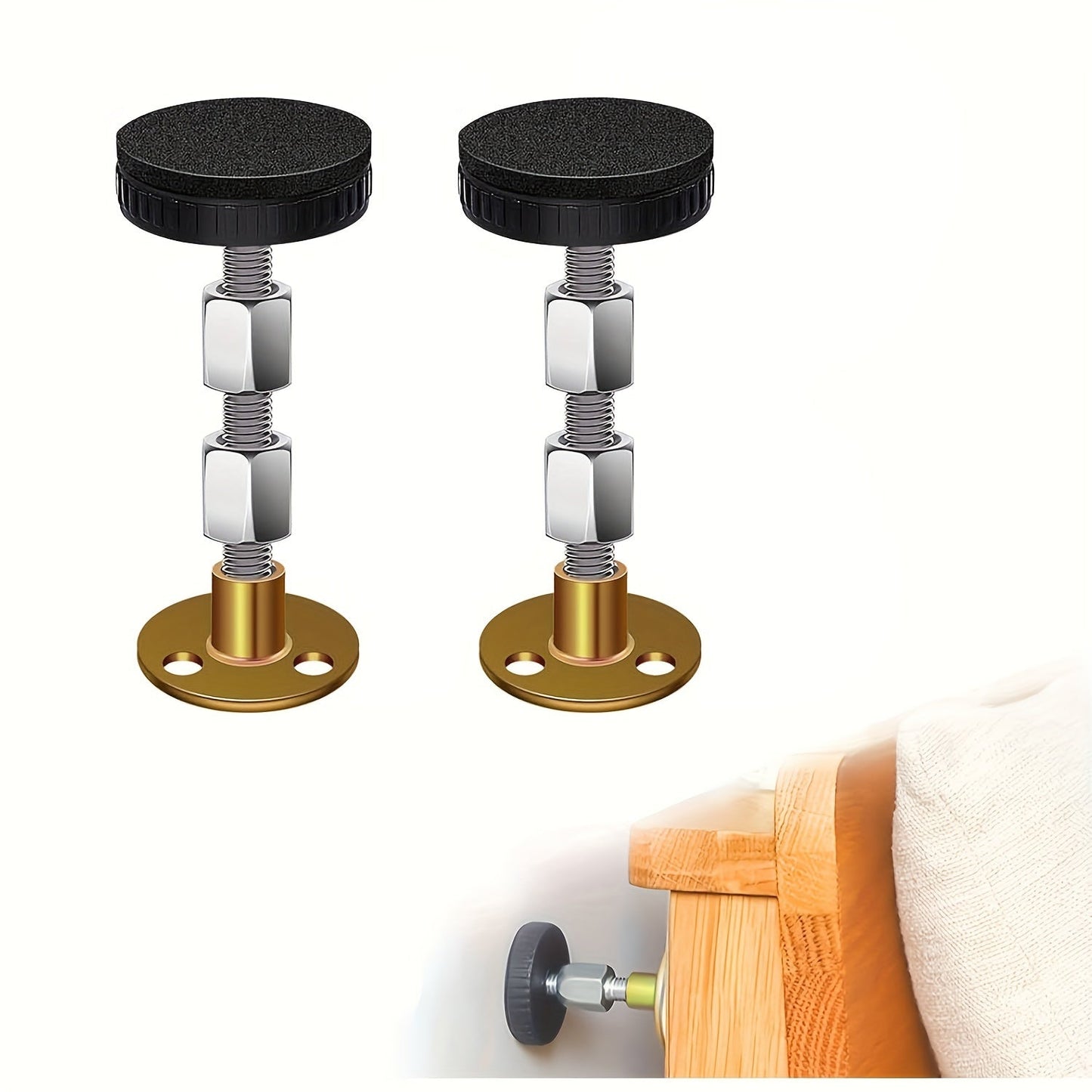 Two-pack of adjustable threaded tools to stabilize Bed Frames, includes Headboard Stoppers, perfect for fixing and preventing shaking in beds, cabinets, and sofas.