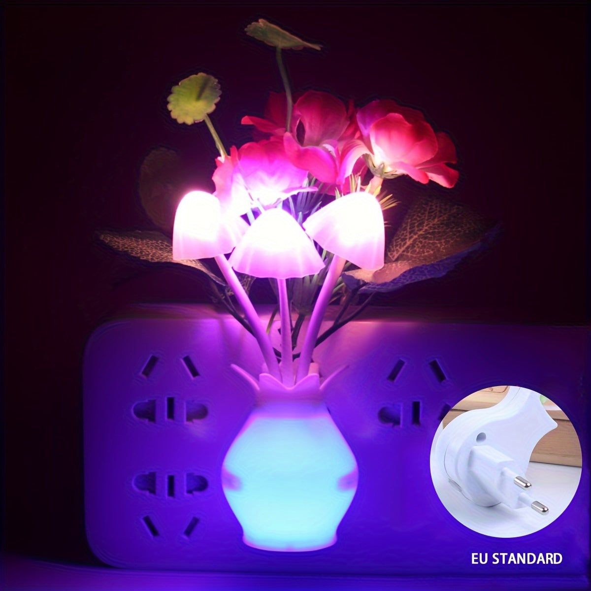 Walleaf LED Mushroom Night Light features a Dusk to Dawn Sensor for gentle ambient lighting. Perfect for wall decor, this soft and non-glaring light is easily plug-in with European Standard.