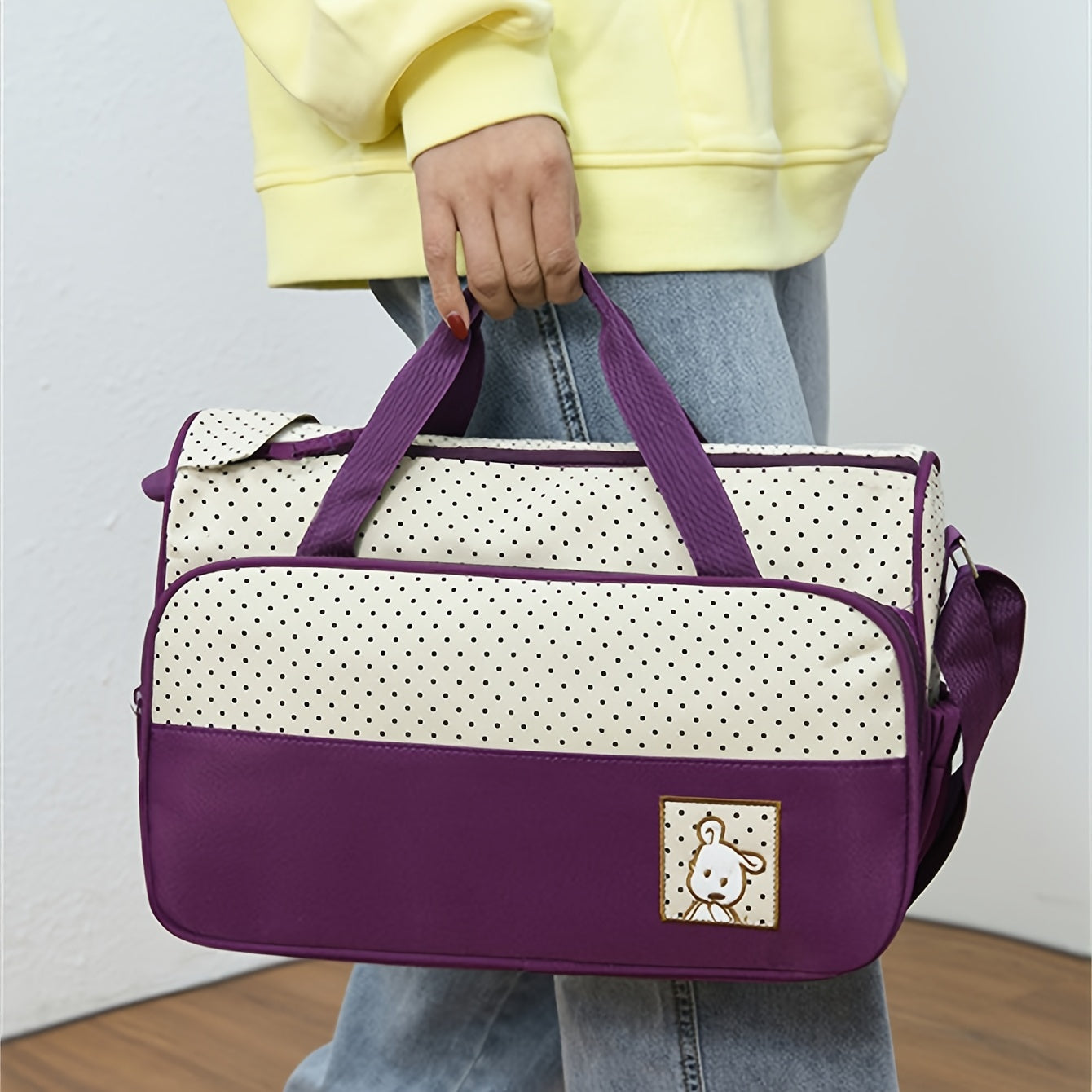 Set of 5 trendy polka dot multifunctional mommy bags, including a large capacity crossbody bag, shoulder bag, and portable diaper bag.