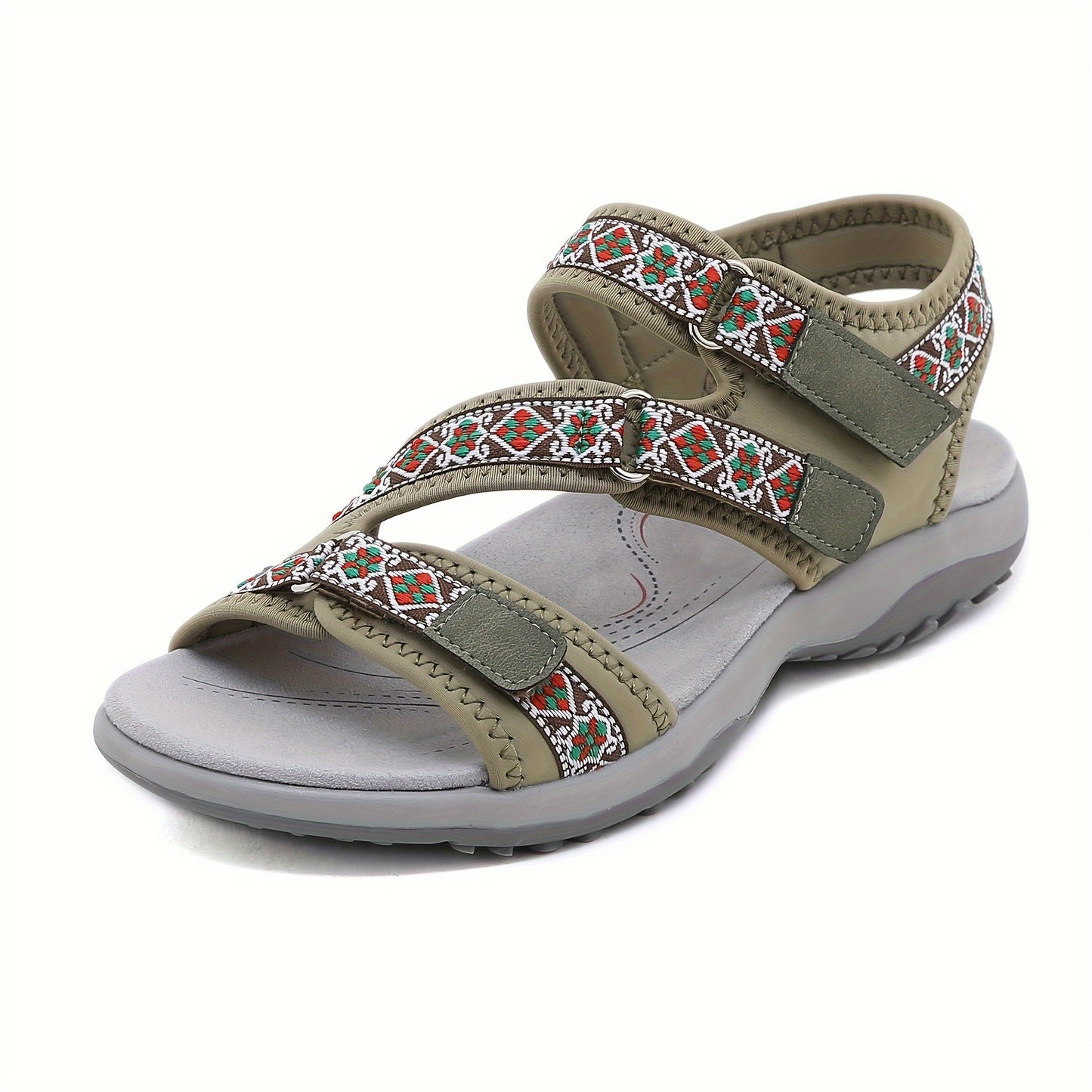 Women's flat sandals with hook-and-loop fastener, open toe ankle strap, fabric upper and inner, non-slip TPR sole, low heel, ethnic trim, comfortable for all seasons.