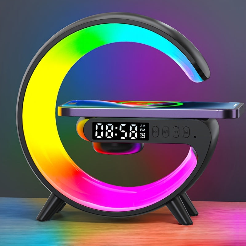 Compact multifunctional wireless charger with stand, speaker, RGB night light, and fast charging capabilities. Perfect gift for iPhone, Samsung, and Xiaomi users.