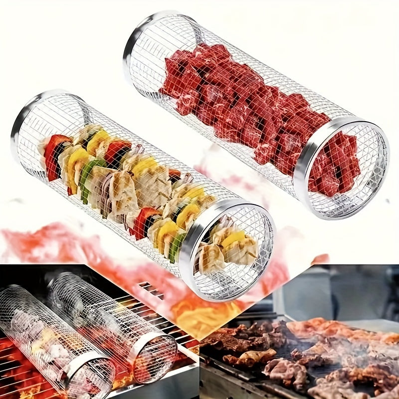 1pc BBQ net tube grill basket for grilling fish, vegetables, and more. Kitchen gadget for home and outdoor use. Some parts may vary.