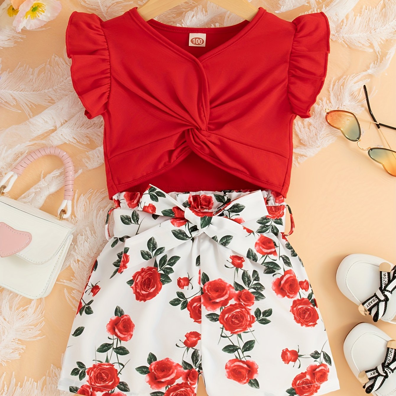 Girls' summer casual outfit with lace sleeveless top and printed flower shorts with belt.