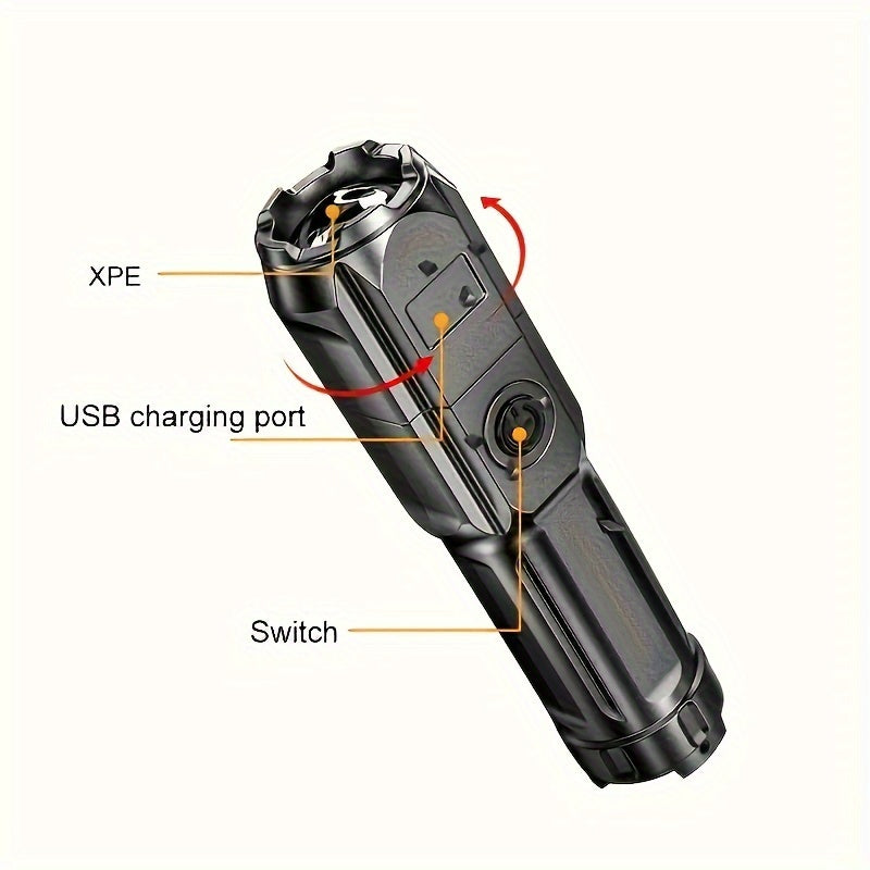 Powerful, compact LED flashlight with 3 modes, rechargeable and zoomable, for camping and emergencies