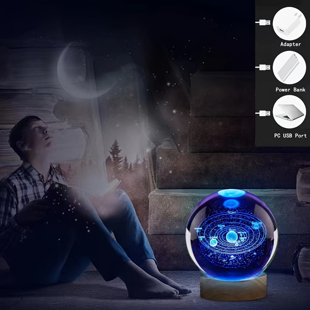 3D Solar System Crystal Ball with LED Base - USB Powered Night Light, Great Gift for Loved Ones - Ideal for Parties & Home Decor