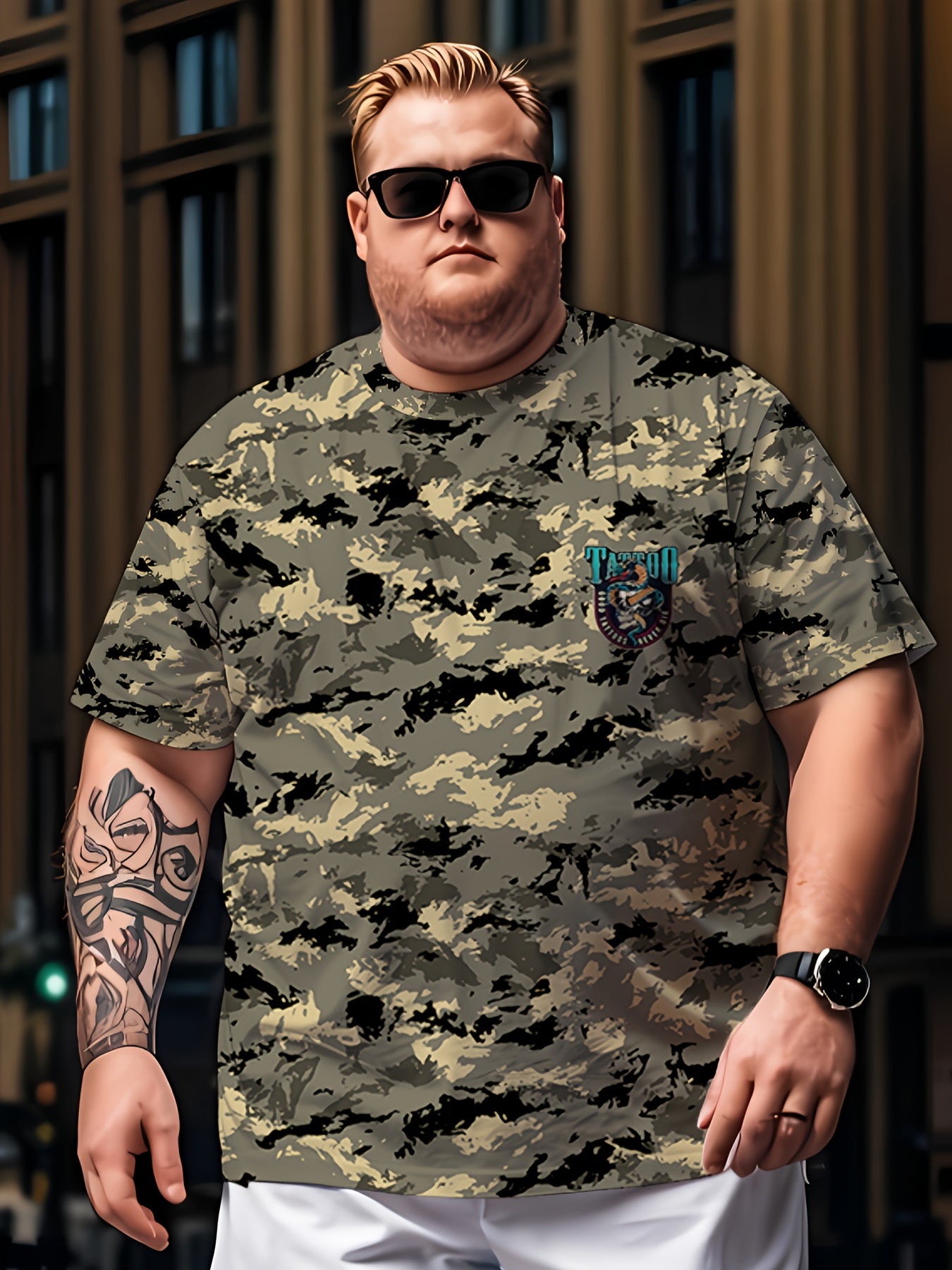 Regular fit camo print tee for plus size men with tattoo art design, suitable for casual, sports, and party wear.