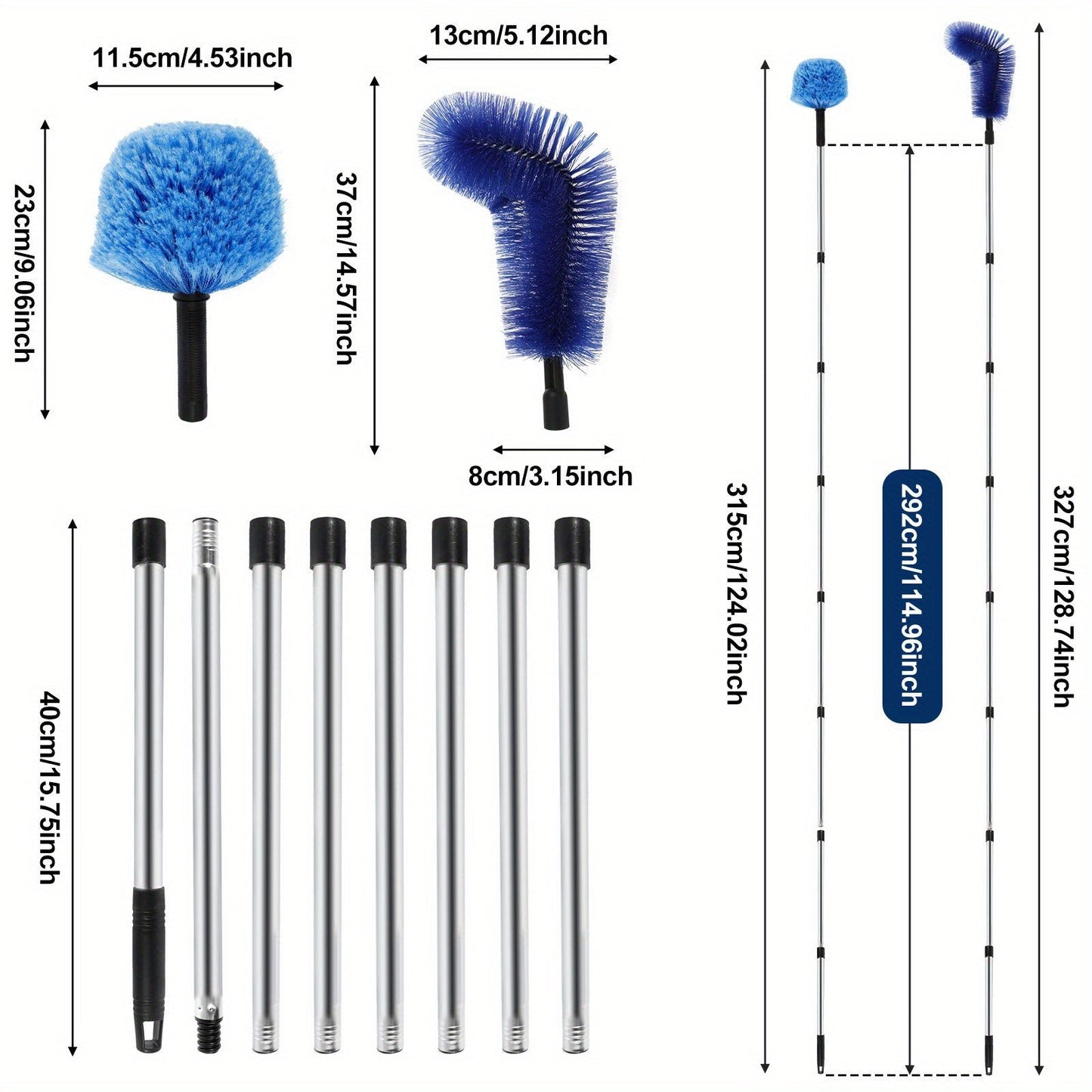 Синий набор для чистки паутины с выдвижной нержавеющей стальной штангой, щетка для паутины, средней жесткости, не требует электричества, многофункциональный инструмент для уборки дома для потолочных вентиляторов и мебели.