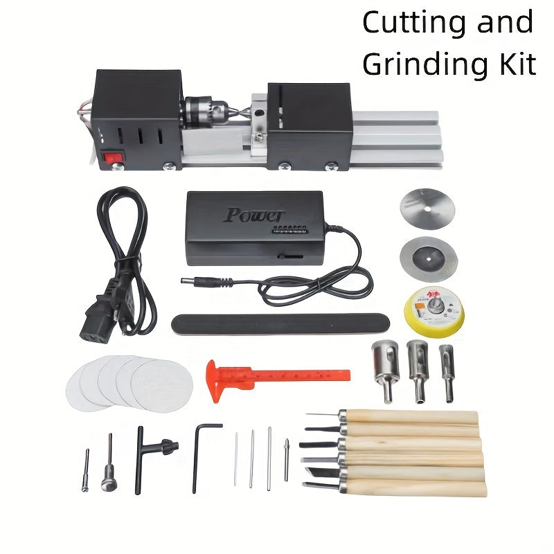 Compact DIY mini lathe set for grinding, polishing, and cutting wood. Plug-in with 110-240V compatibility.