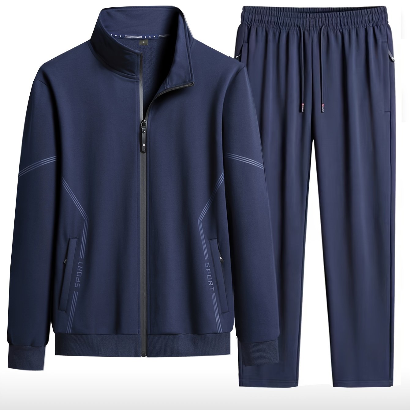 Men's casual sportswear set includes a stand collar zip-up jacket and drawstring pants made of polyester. Suitable for outdoor activities and business. Machine washable. Ideal for