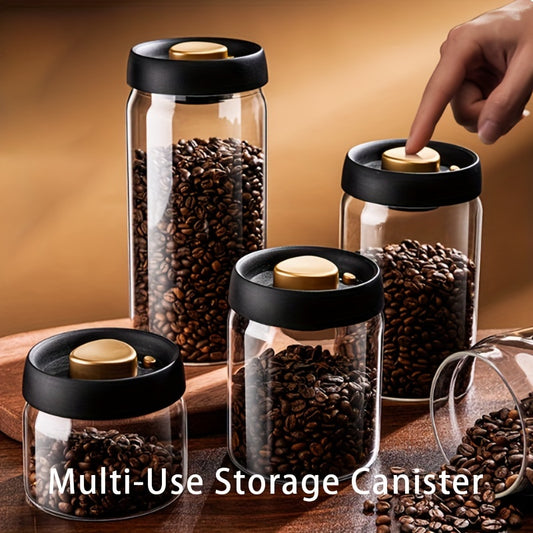 Airtight glass coffee canister for beans, grains, and tea, with vacuum seal lid, made of high borosilicate for home kitchen organization.