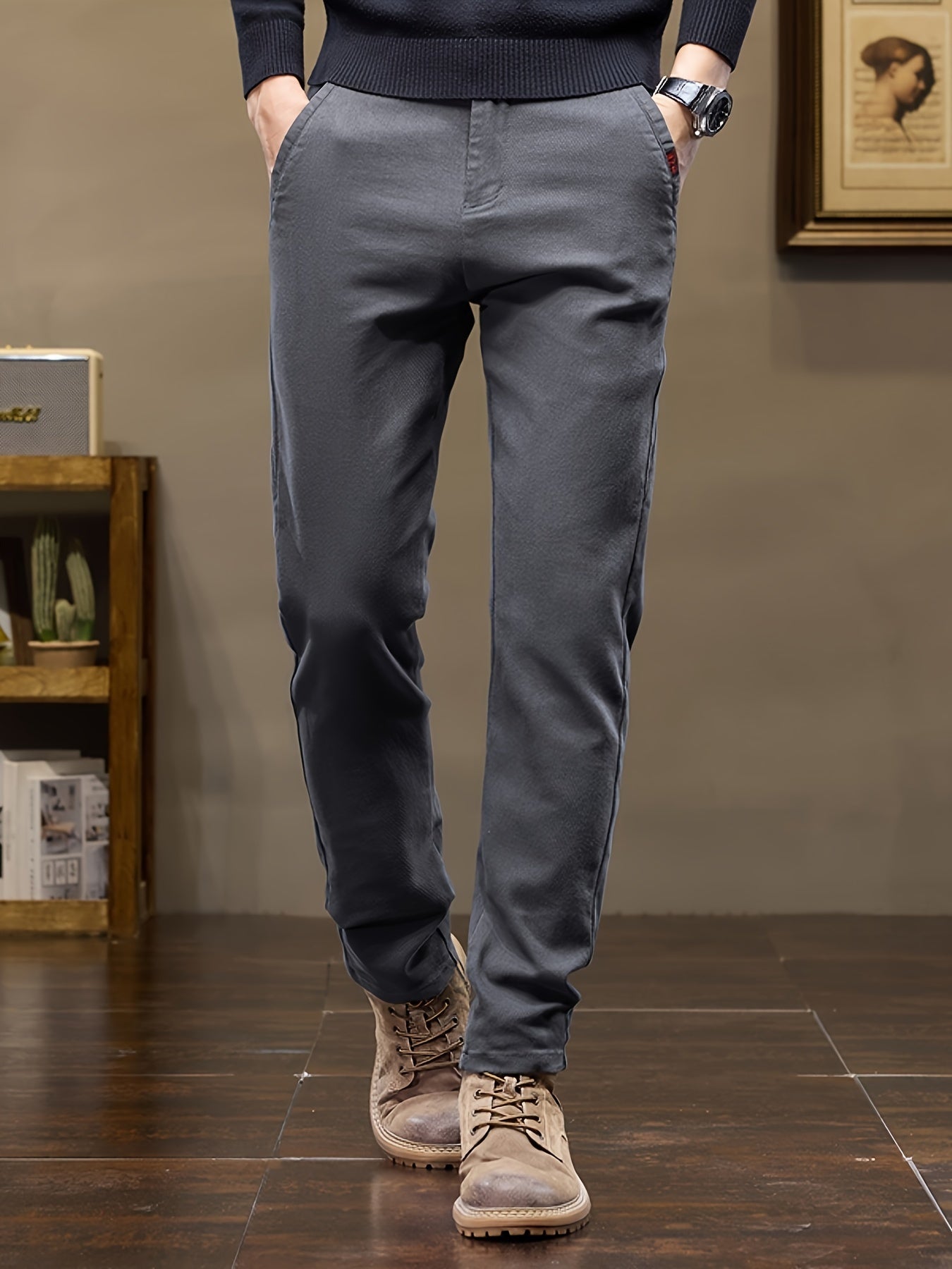 Men's slim-fit straight leg pants made from a cotton blend, suitable for casual and business wear. Machine washable, perfect for fall/winter. 9-inch inseam, ball-free design.