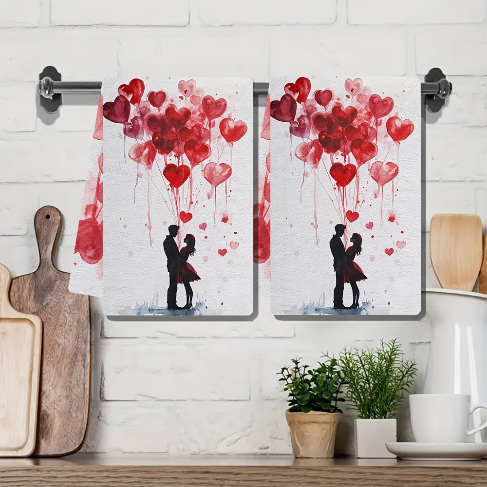 Set of 2 Romantic Valentine's Day Kitchen Towels - Made from Ultra Soft & Highly Absorbent Polyester, Measuring 40.64x60.96 cm, These Machine Washable Dish Hand Towels Feature a Charming Heart Balloon Illustration - Perfect for Holiday Decor & Thoughtful