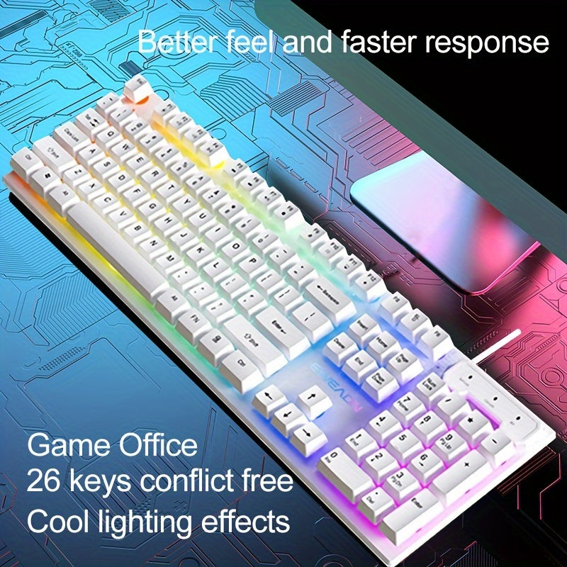 White EWEADN GX30Z Wired Gaming Keyboard with LED Rainbow Backlit, 104 Keys, Mechanical Feel, Numeric Keys, for Game and Office on Windows Laptop PC.