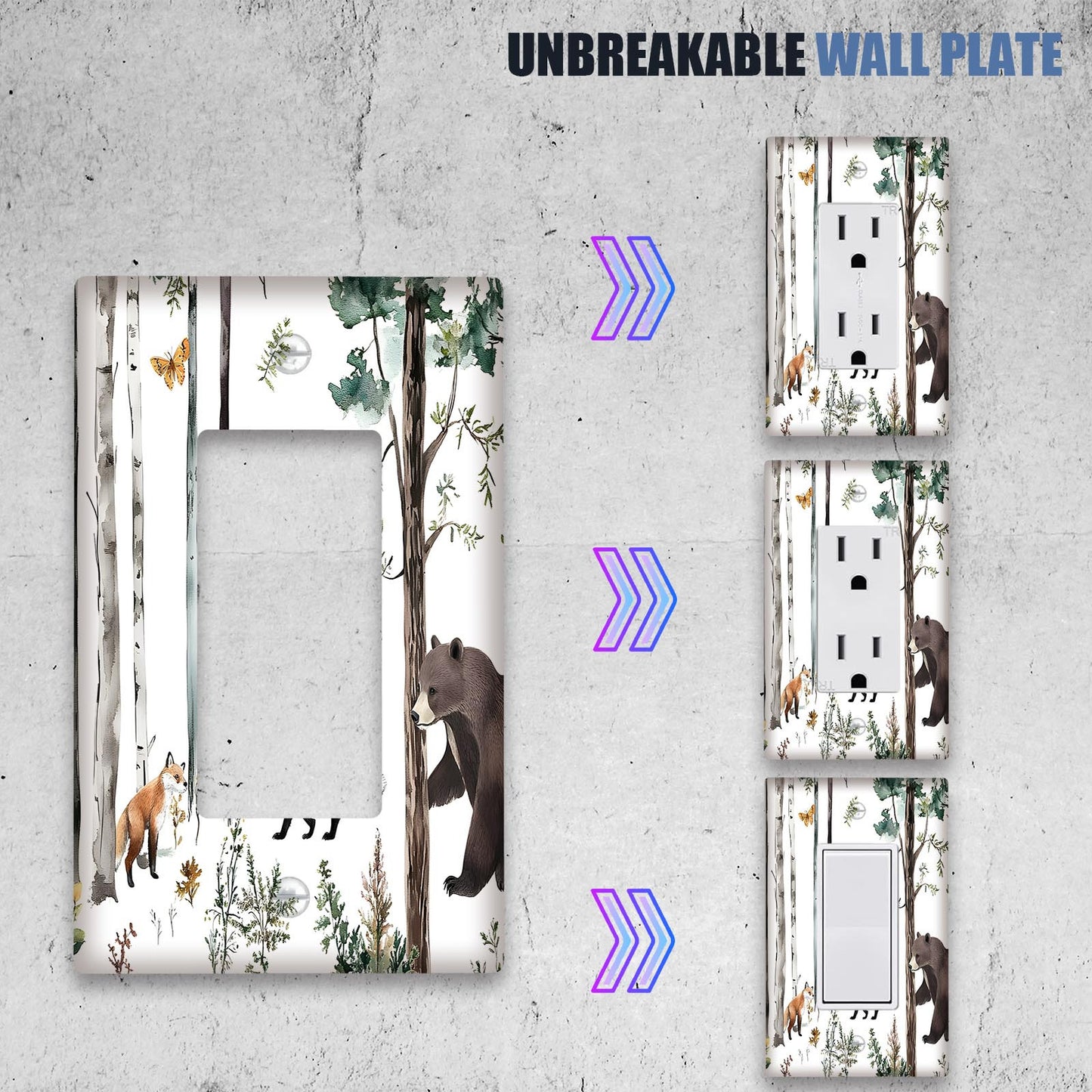 Forest-inspired switch cover with wildlife designs (bear, moose, deer, fox) for home décor.